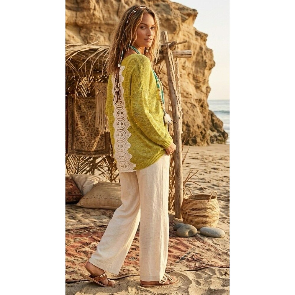 Umgee Boxy Oversized Sheer Knit Sweater Crochet Lace Back Top M/L Beachy Boho